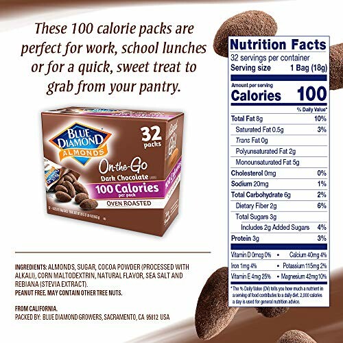 Blue Diamond Almonds 100 calorie packs, nutritional information included.